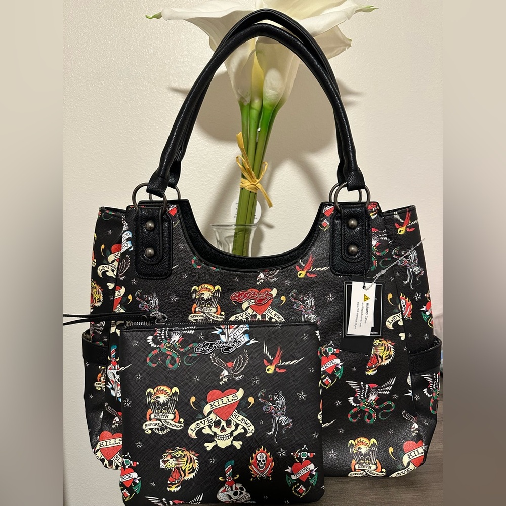 Ed Hardy Style Black Tattoo-Print Tote Bag including wristlet new